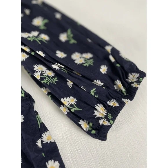 H&M Navy Yellow Daisy Floral Tie Front Blouce Puff Sleeves Top Woman's Size S - Picture 11 of 16
